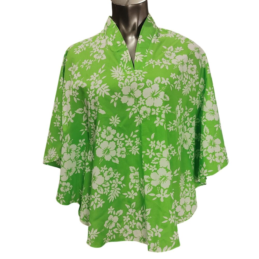 Resort Line Hawaii OSFM Green Aloha Palm Leaves Butterfly Sleeve Blouse